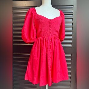NWT Anthro Maeve Red Dress Puff Sleeve Smocked Sweetheart Pockets Zipper Coquett
